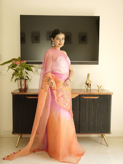 Orange-Pink Ombre Organza Saree With Hand Embroidery
