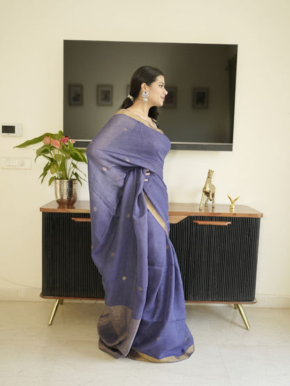 Purple Linen Silk Saree With Zari Border