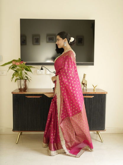 Pink-Gold Banarasi Silk Saree With Lace Border