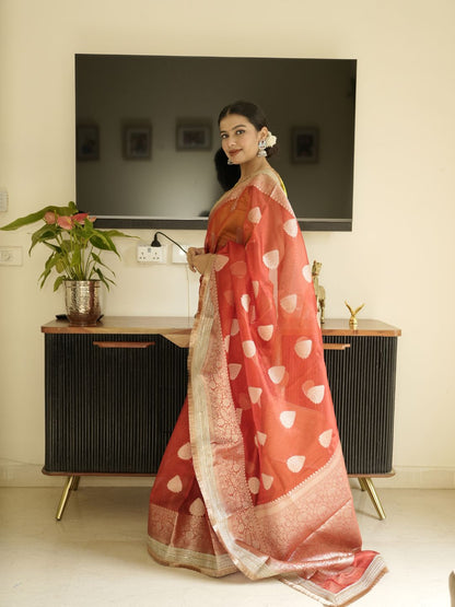 Red Banarasi Saree With Zari Border