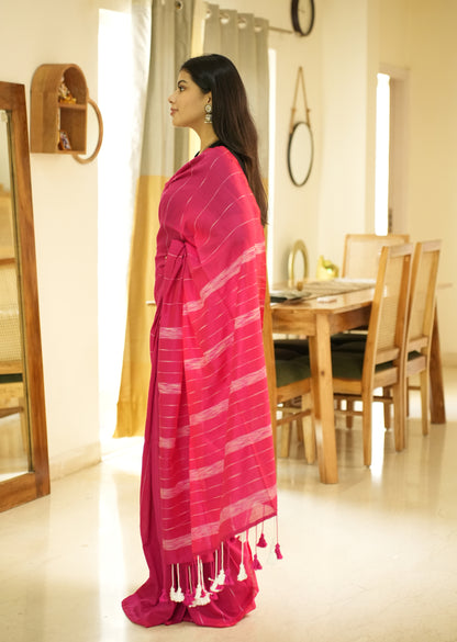 Blush Lines – Pink & White Striped Cotton Saree