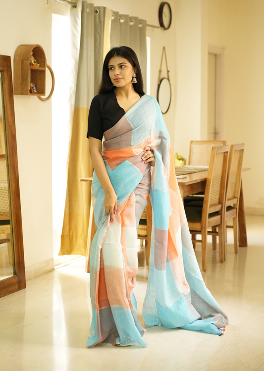 Vibrant Checks: Turquoise & Orange Linen Saree