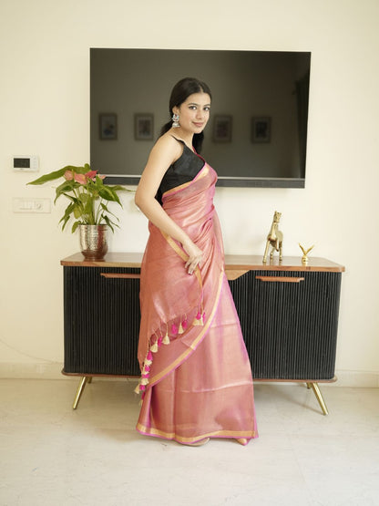 Orange Tissue Linen Saree With Zari Border