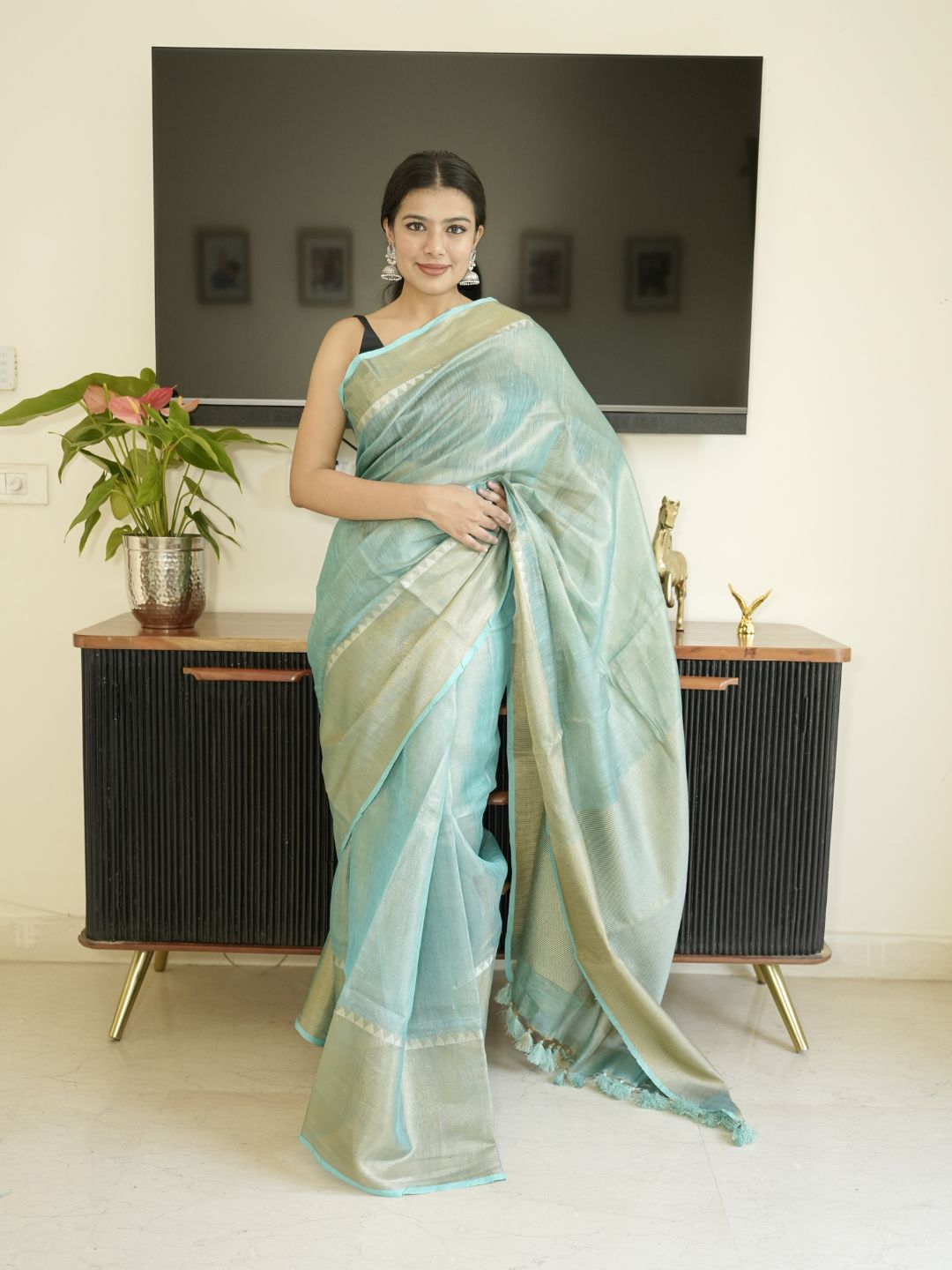 Blue Tissue Linen Saree With Zari Border