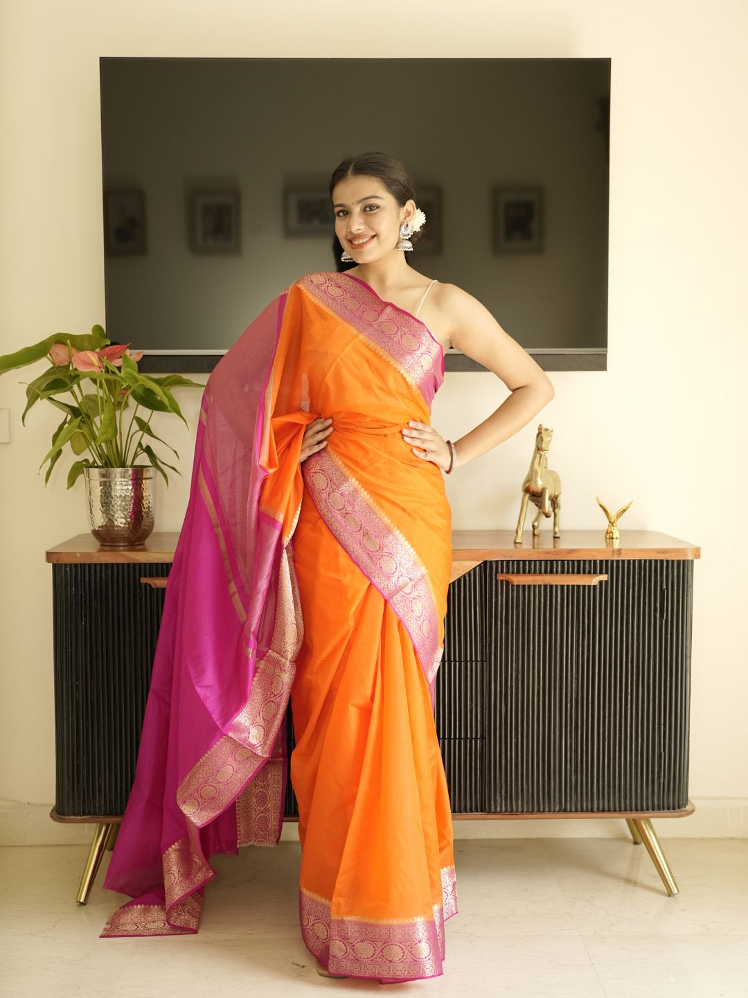 Orange Silk Saree With Pink Pallu