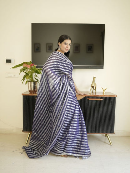 Blue Mul Cotton Saree With Zari Sripes