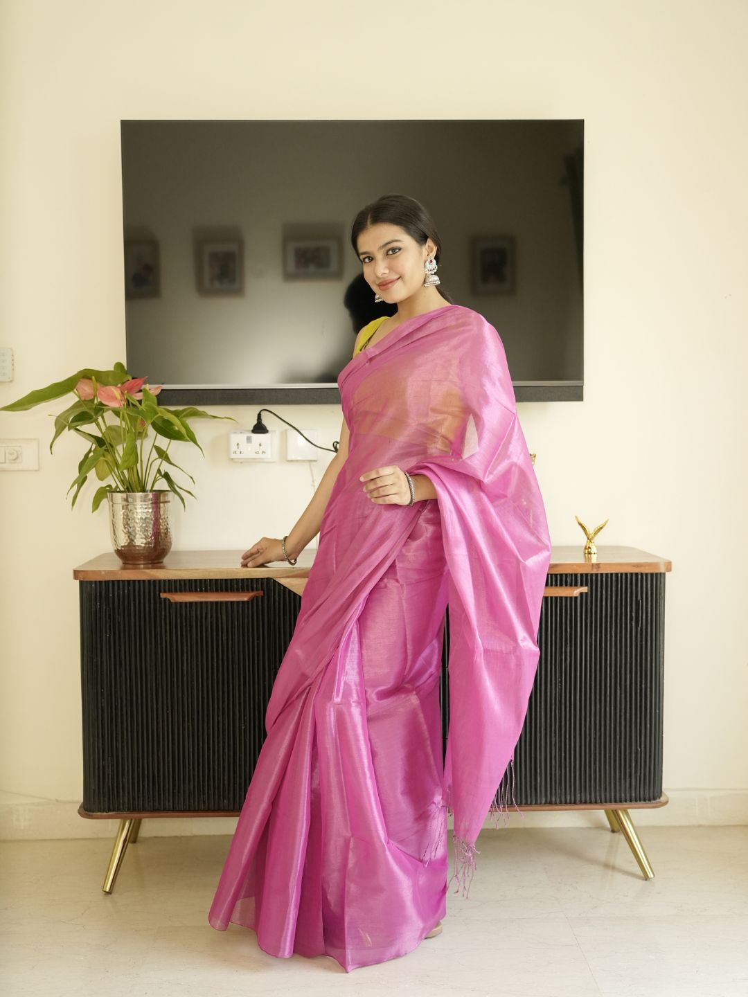 Pink Glass Tissue Silk Saree