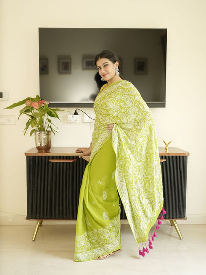 Green Mul-Cotton Chikankari Saree