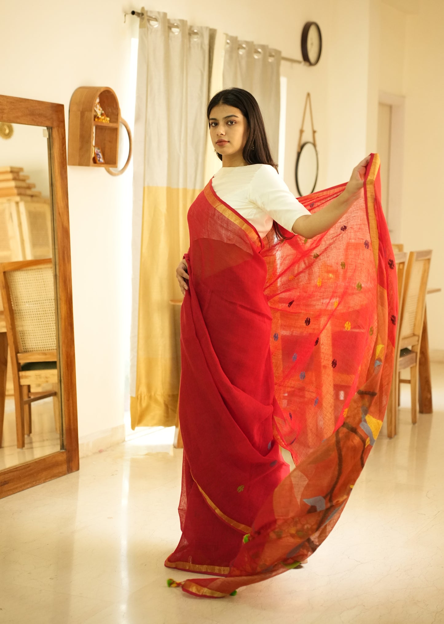 Paithani Blossom – Handpainted Red Linen Saree