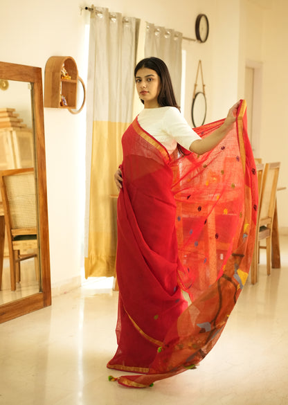 Paithani Blossom – Handpainted Red Linen Saree
