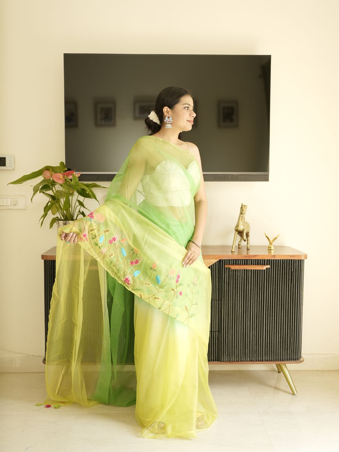 Green-Lime Green Ombre Organza Saree With Hand Embroidery