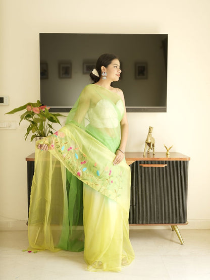 Green-Lime Green Ombre Organza Saree With Hand Embroidery