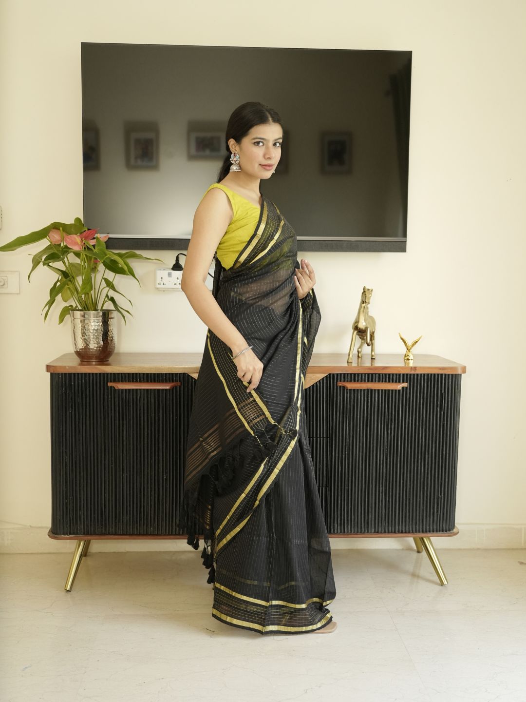 Black Mul Cotton Saree With Zari Sripes