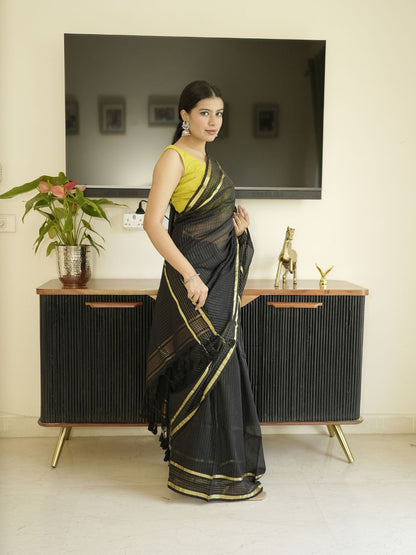 Black Mul Cotton Saree With Zari Sripes