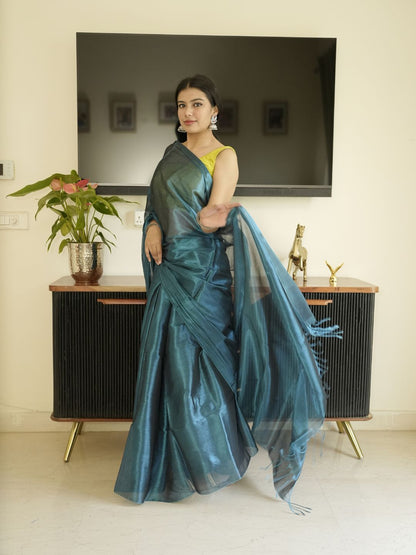 Blue Glass Tissue Silk Saree