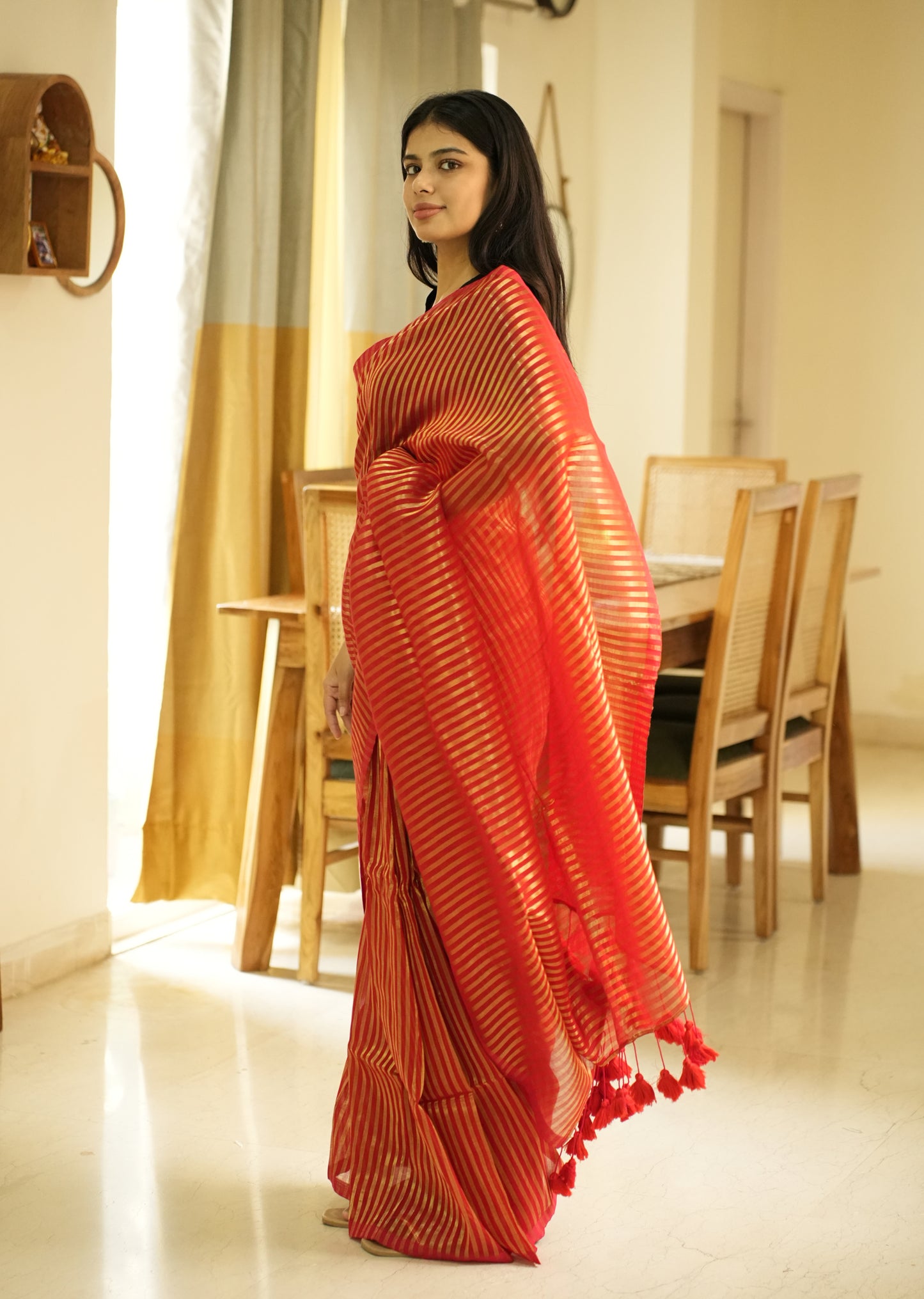 Golden Whisper – Red Mul Cotton Saree with Zari Stripes