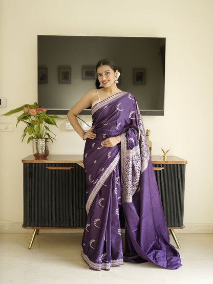 Purple Banarasi Silk Saree With Zari Border