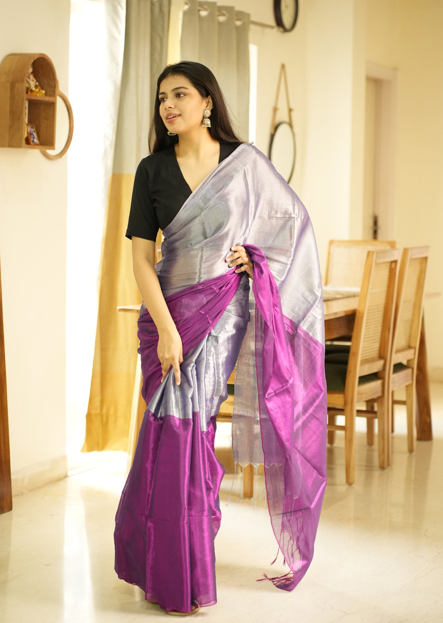 Moonlit Blush – Pink & Silver Glass-Finish Tissue Saree
