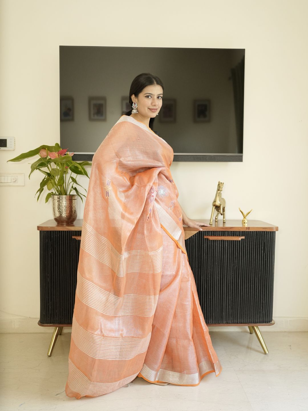 Orange Tissue Linen Saree With Hand Embroidery