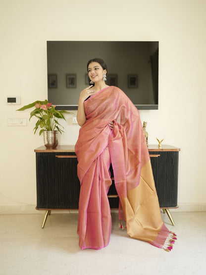 Orange Tissue Linen Saree With Golden Zari Pallu