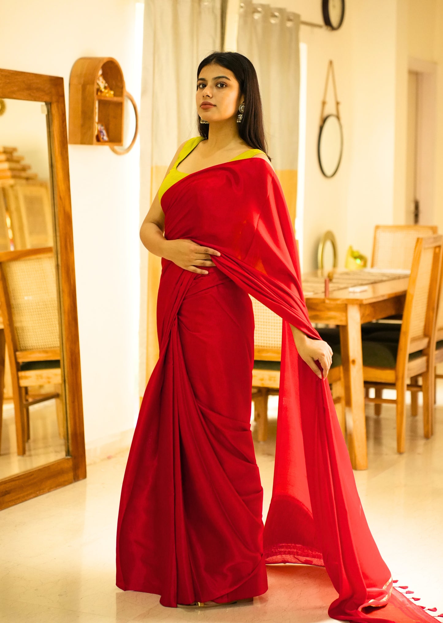 Crimson Glow – Red Silk Saree with Gold Zari Border