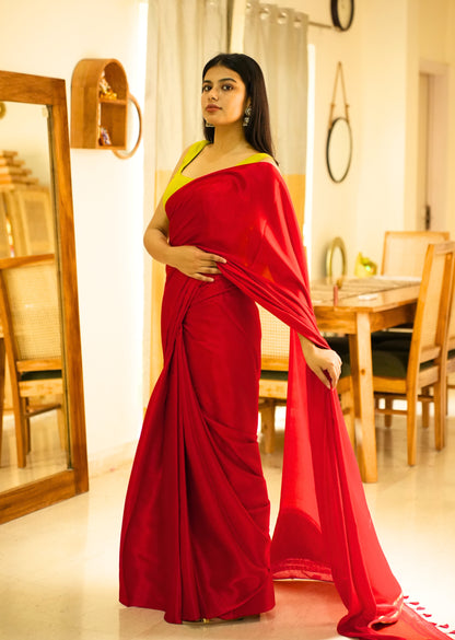 Crimson Glow – Red Silk Saree with Gold Zari Border