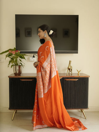 Orange Banarasi Silk Saree With Zari Border