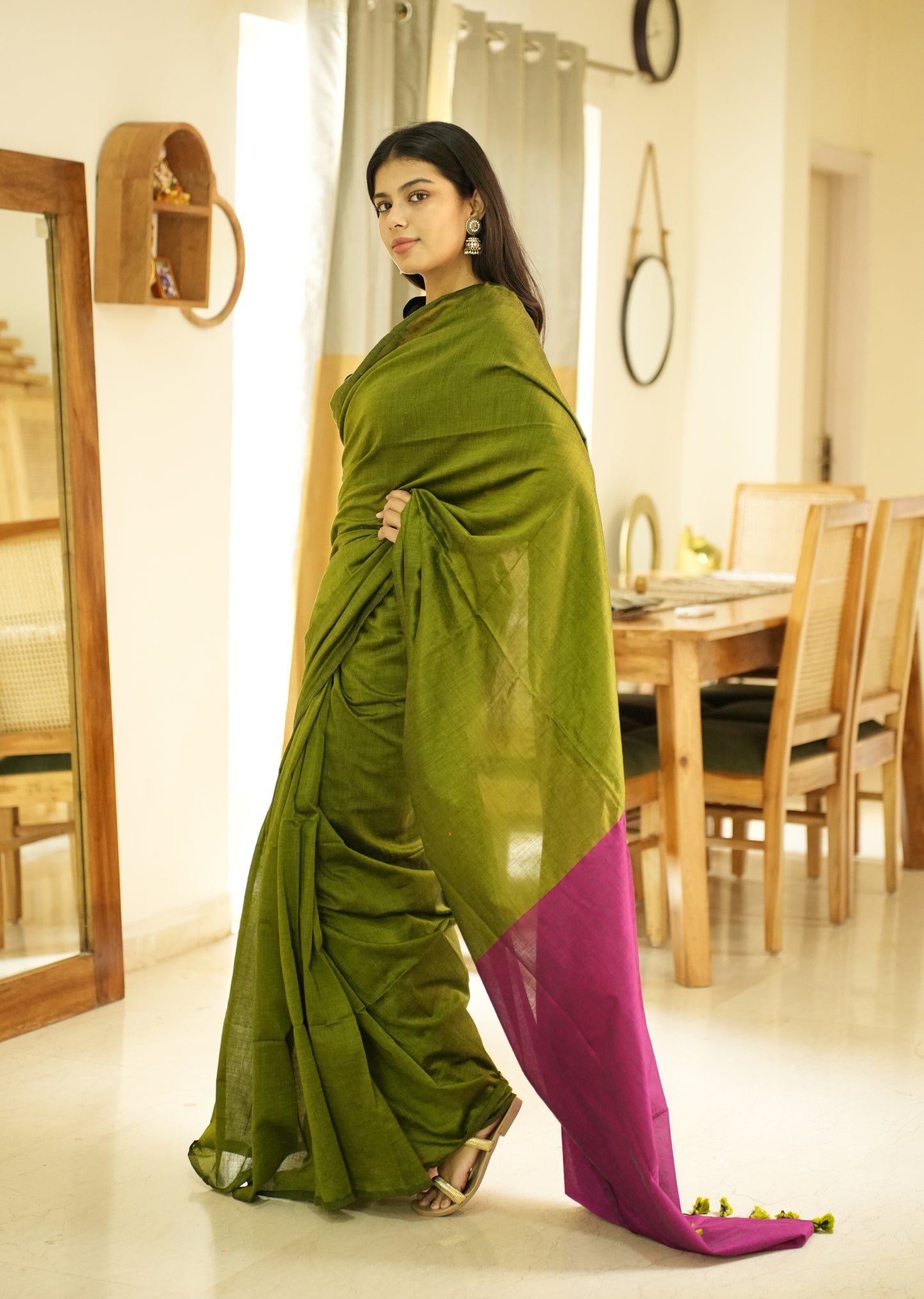 Spring Song – Green & Pink Cotton Saree