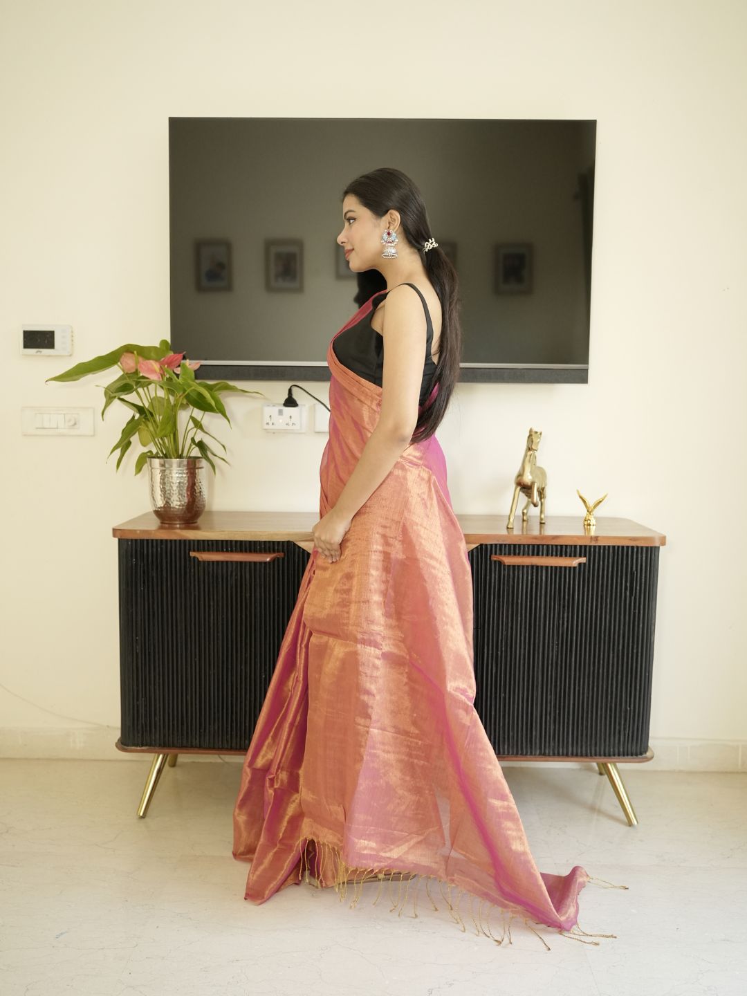 Orange Glass Tissue Saree