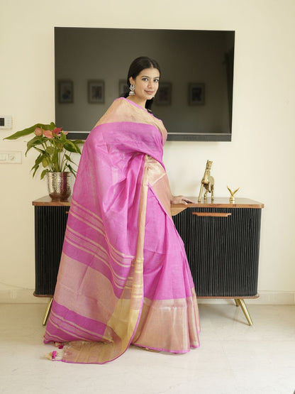 Pink Tissue Linen Saree With Zari Border
