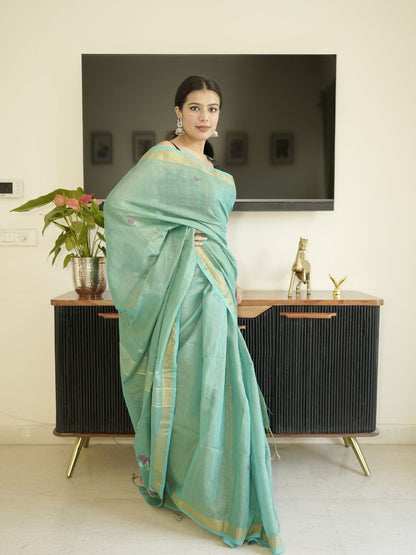 Green Linen Silk Saree With Zari Border