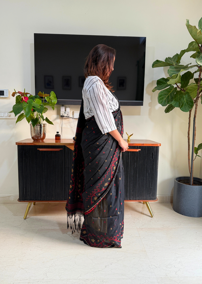 Black Jamdani Cotton Saree with Red & Gold Motifs