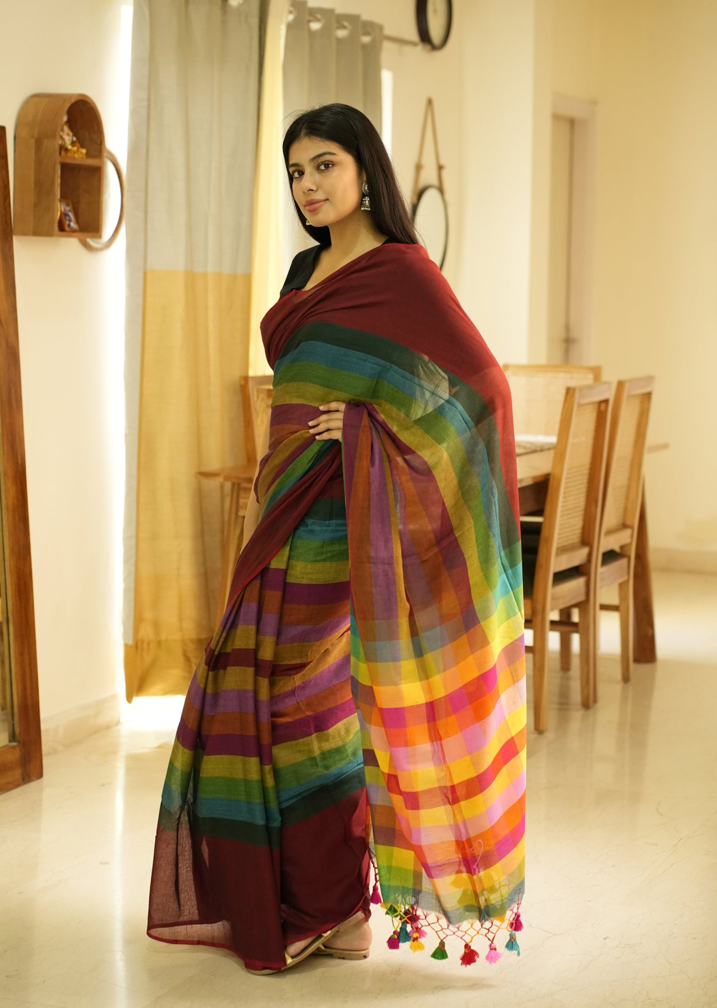 Red Palettes – Maroon Mul Cotton Saree with Striped Checked Pallu