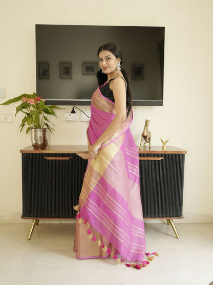 Pink Tissue Linen Saree With Zari Border