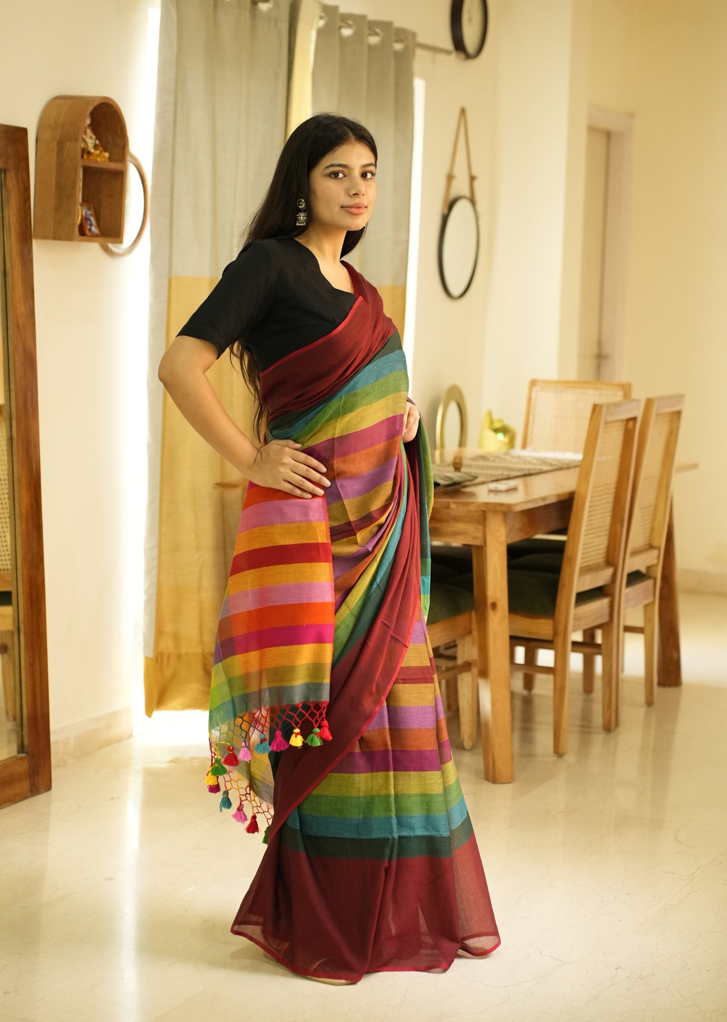 Red Palettes – Maroon Mul Cotton Saree with Striped Checked Pallu