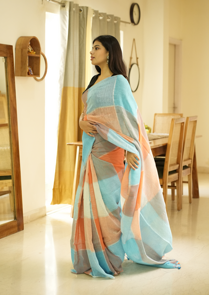 Vibrant Checks: Turquoise & Orange Linen Saree