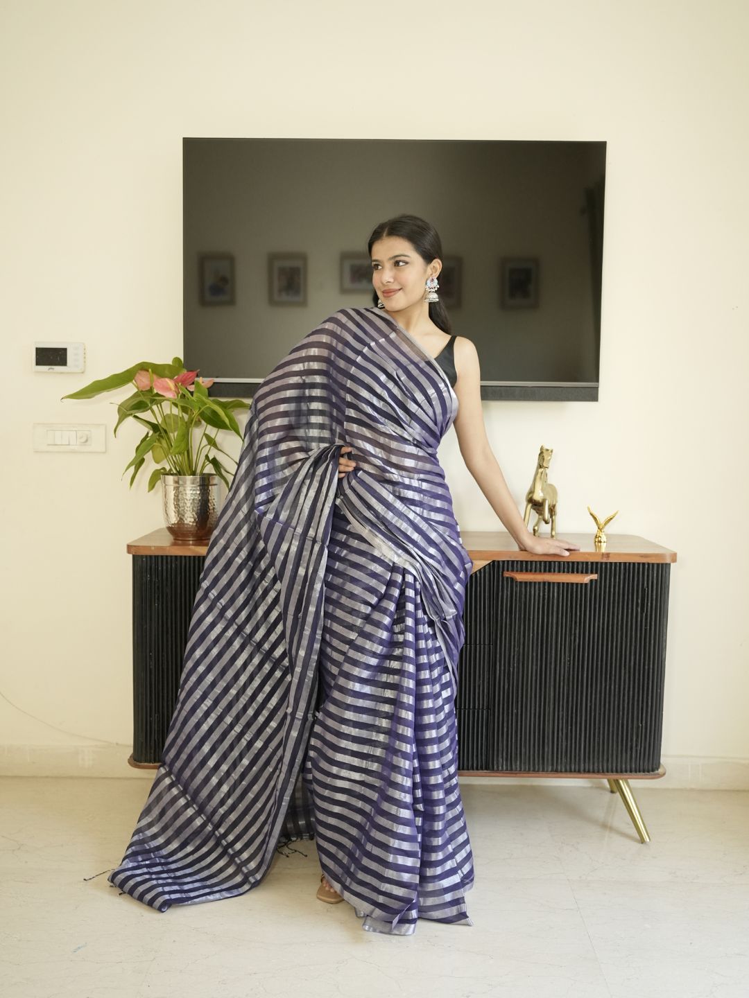 Blue Mul Cotton Saree With Zari Sripes