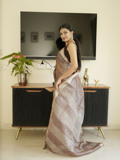 Chocolate Brown Tissue Linen Saree With Zari Border