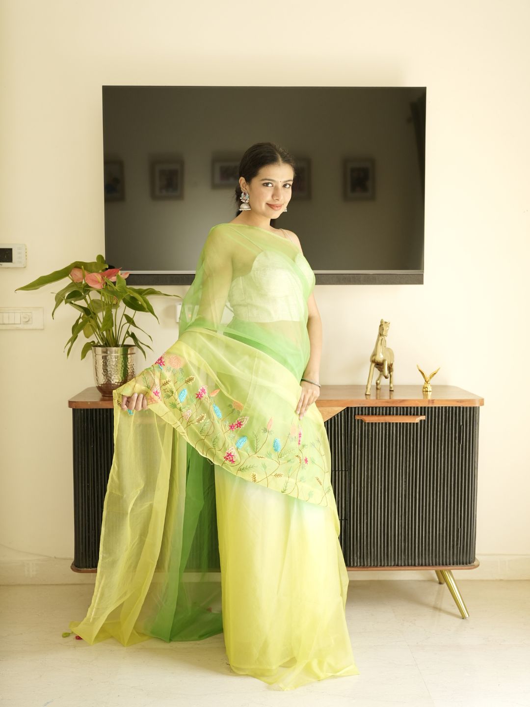Green-Lime Green Ombre Organza Saree With Hand Embroidery