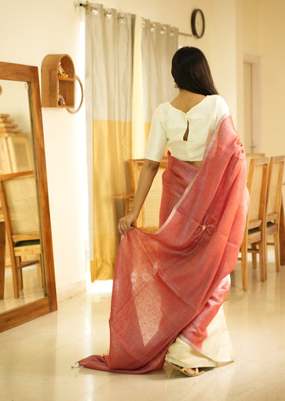 Rosé Whisper – Handcrafted Floral Linen Saree in Dual Tone