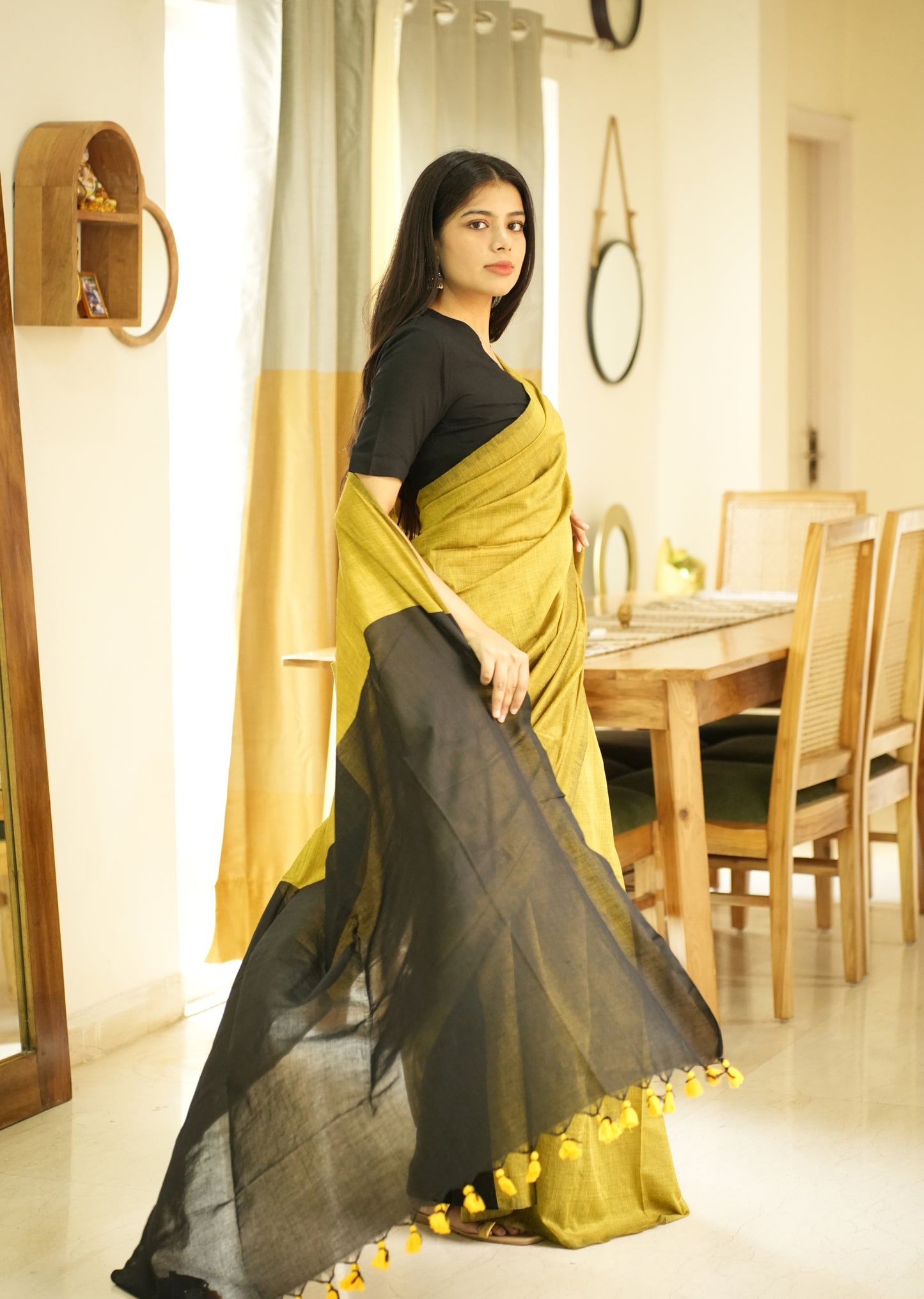 Forest Bloom – Green & Black Cotton Saree