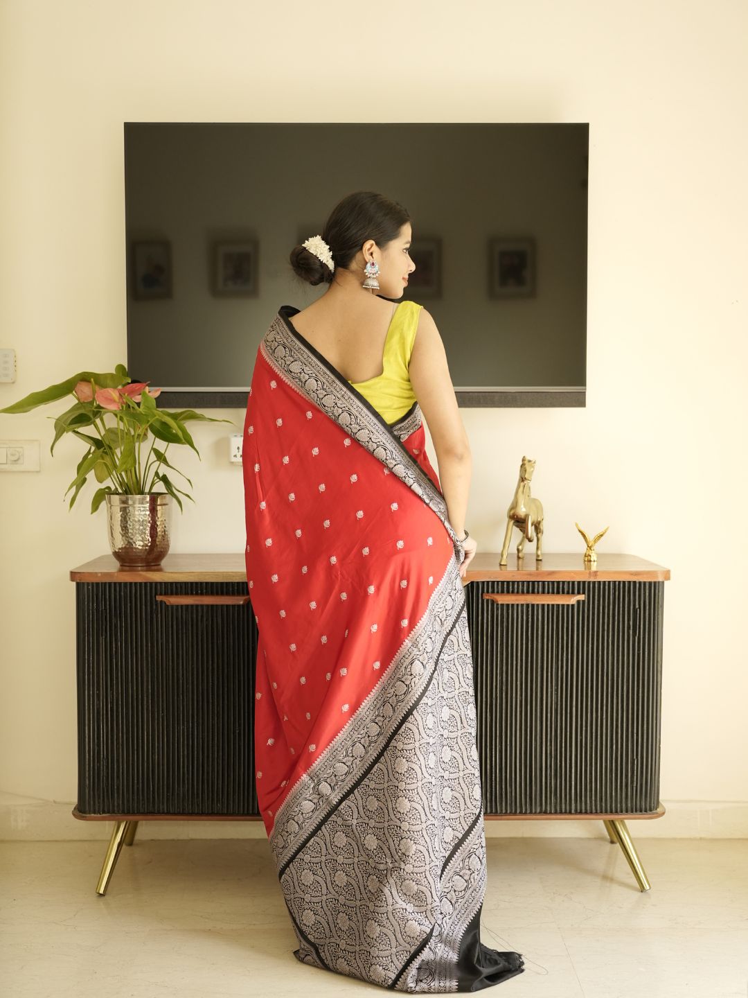 Red Banarasi Silk Saree With Black Border