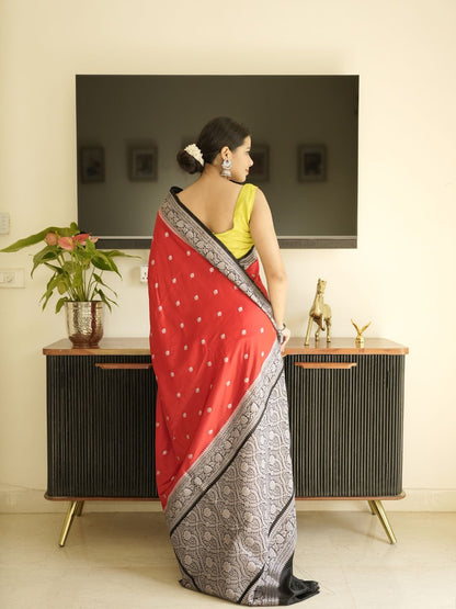 Red Banarasi Silk Saree With Black Border