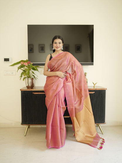 Orange Tissue Linen Saree With Golden Zari Pallu