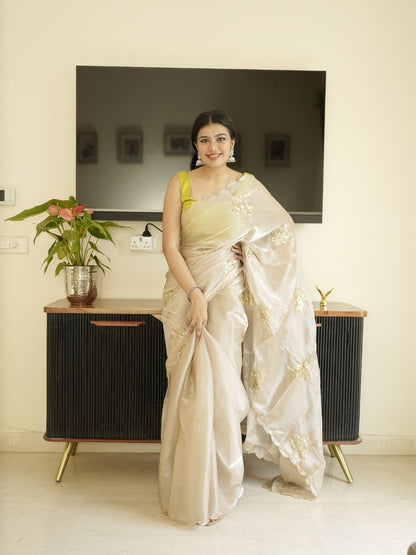 Ivory Organza Saree With Hand Zardoshi Work