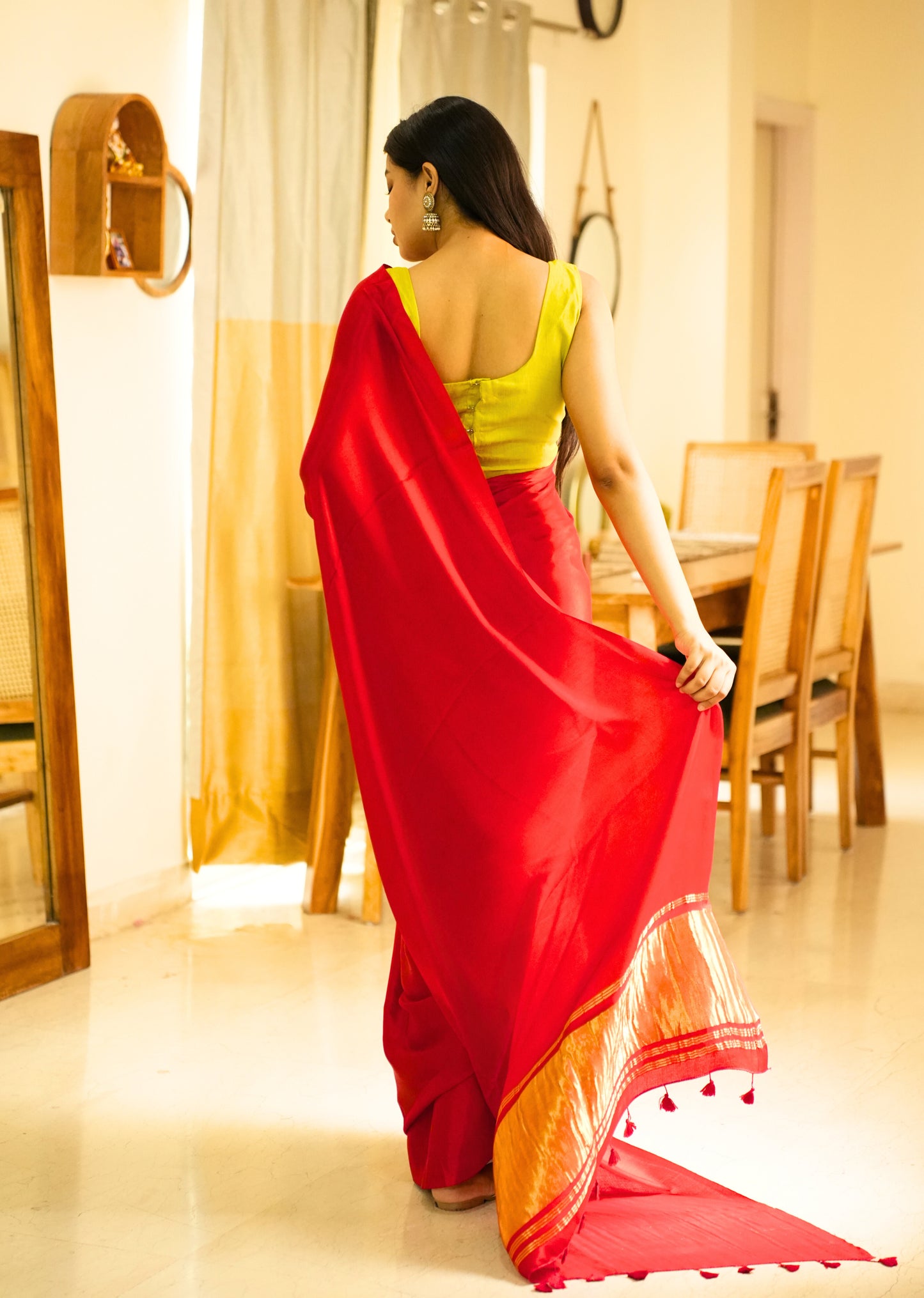 Crimson Glow – Red Silk Saree with Gold Zari Border