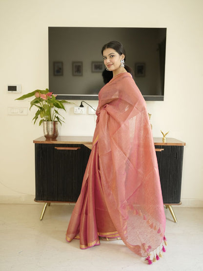 Orange Tissue Linen Saree With Zari Border