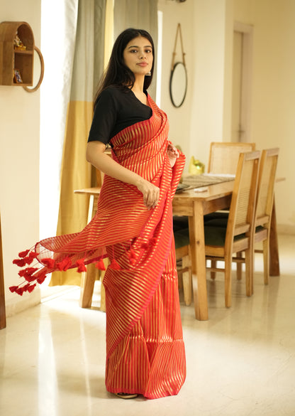 Golden Whisper – Red Mul Cotton Saree with Zari Stripes