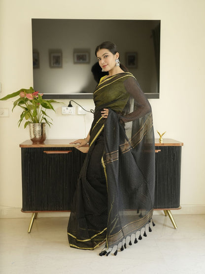 Black Mul Cotton Saree With Zari Sripes