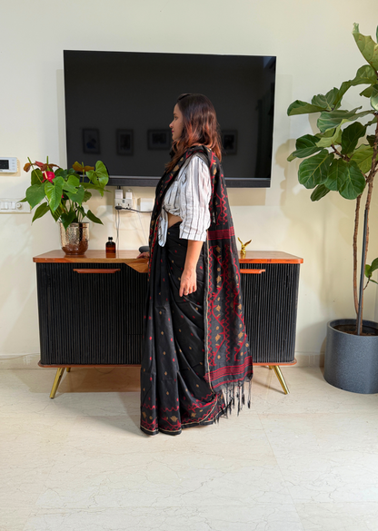 Black Jamdani Cotton Saree with Red & Gold Motifs